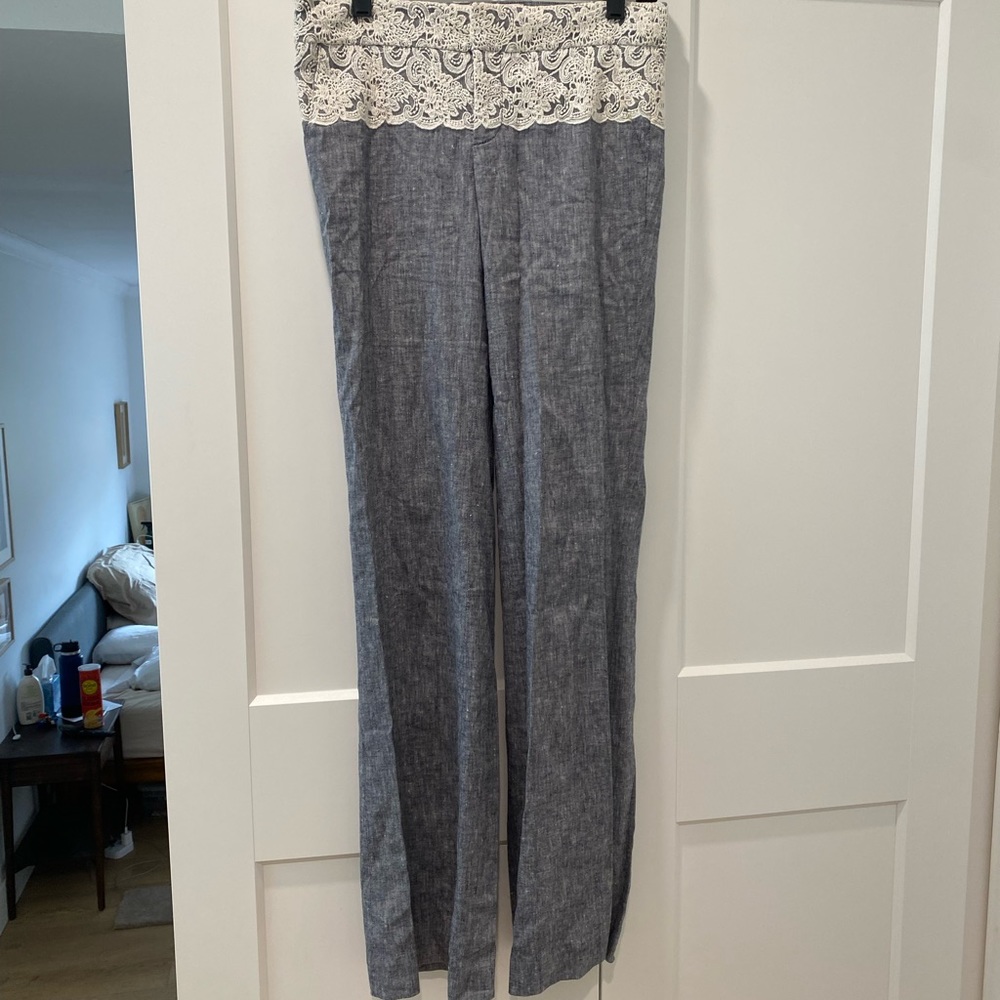 Wide Leg Lace Top Linen Feel Pants